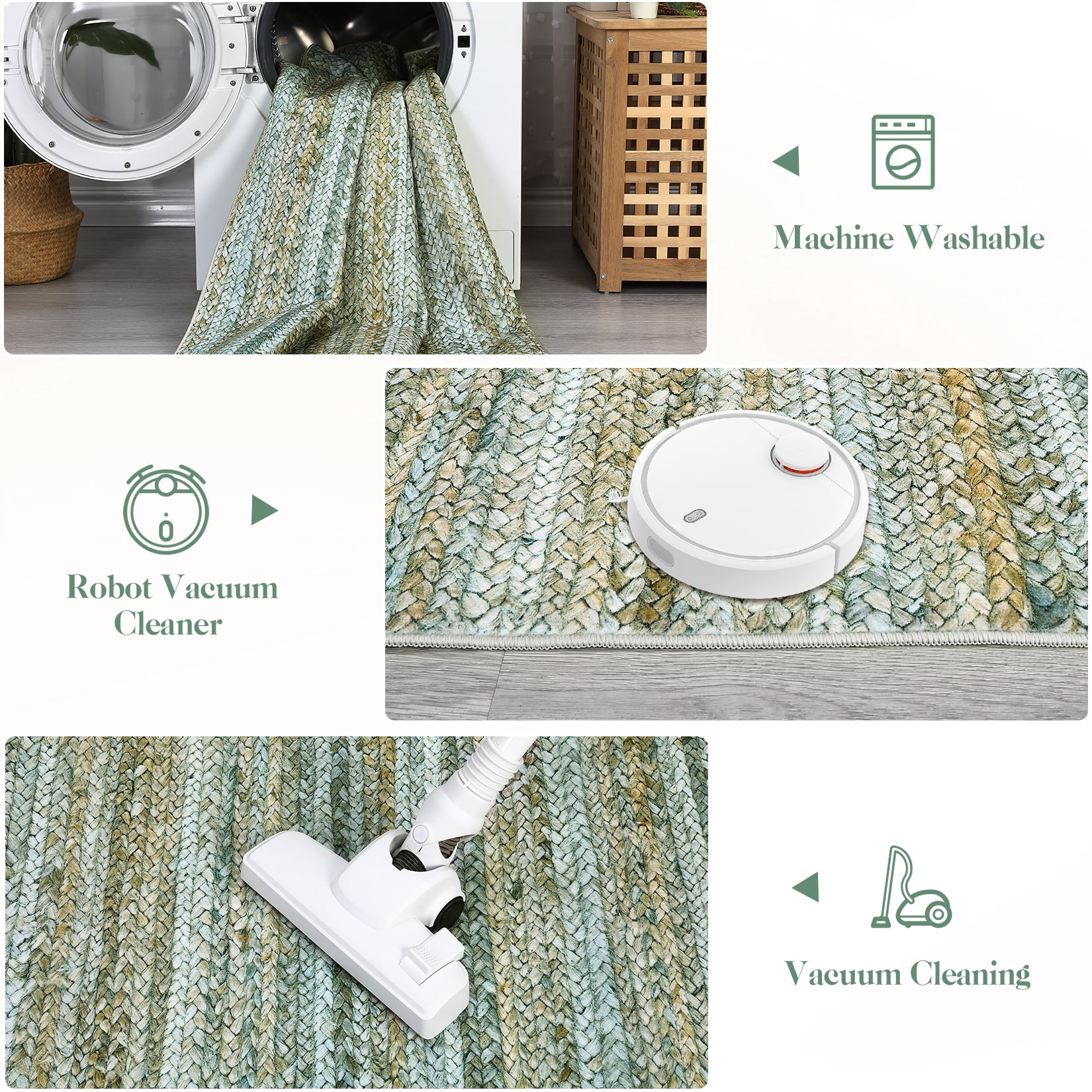 FairOnly 8'x10' Green Machine Washable Living Room Area Rugs Modern Braided Print Non Slip Rugs for Bedroom Home Office Rug Indoor Floor Carpet