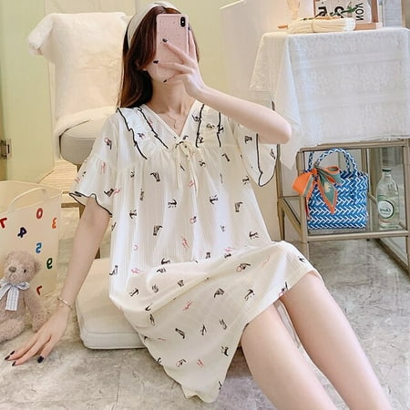 

PIKADINGNIS Spring Summer Thin Cotton Womens Sleepwear Short Leisure Sleepshirt Long Print Ladies Nightgown Shirt Girl Outwear Nightdress