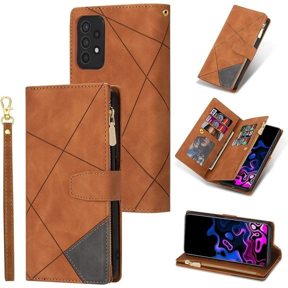 Wallet Case for Samsung Galaxy A52 5G/4G A52S 5G, Vintage Premium PU Leather Cover Flip Case with Card Slots Magnetic Closure Zipper Pocket Kickstand Handbag with Hand Strap - Brown