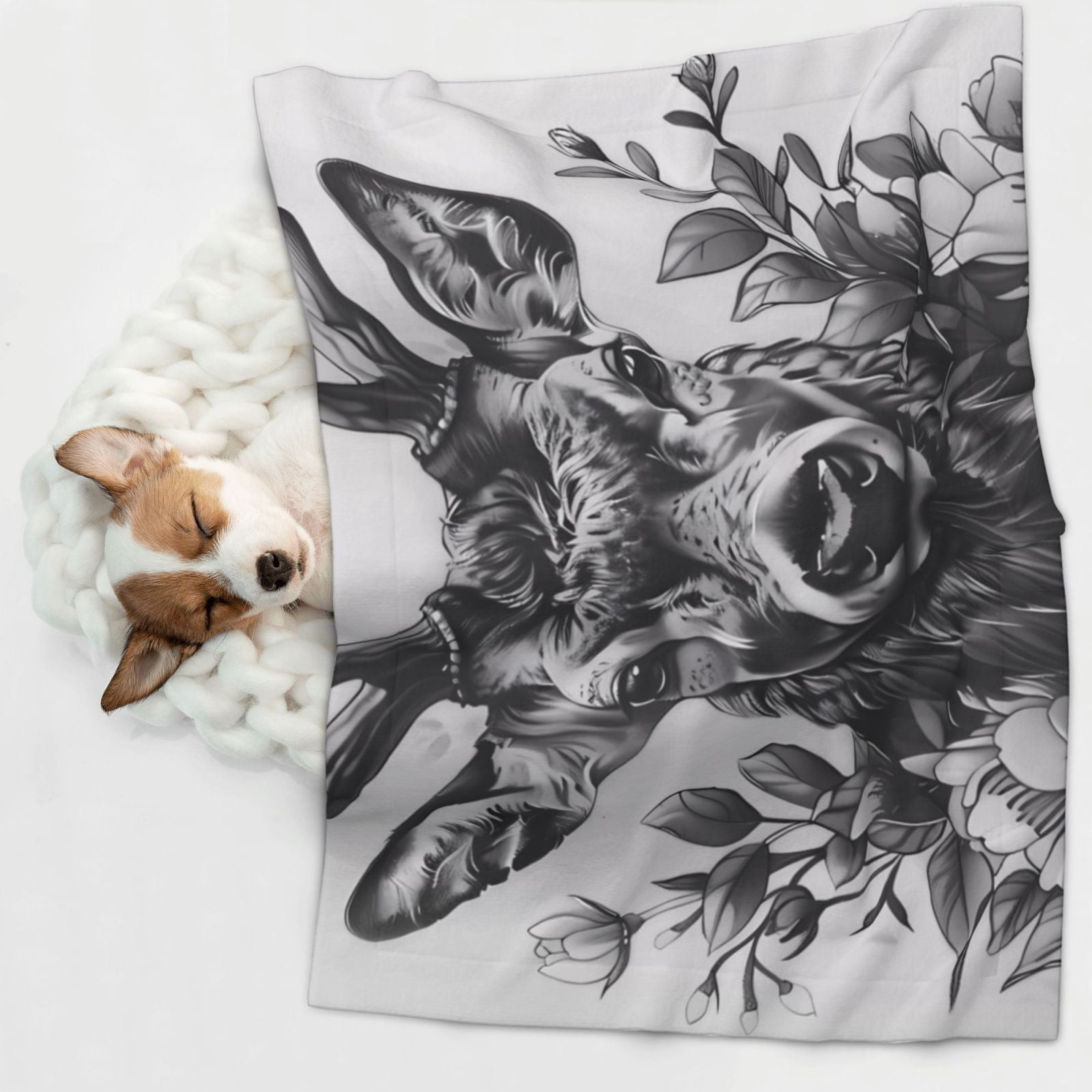 Naloa Monochrome Deer Floral Dog Blanket, 3 Sizes Cat Blanket for Indoor Cats Large Medium Small Dog Gifts-Medium