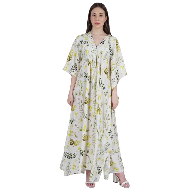 Moomaya Robe de Nuit Longue Maxi pour Femmes, Cache-Maillot Imprimé à Manches Kimono, Maxi Kaftan, Robe de Nuit, Vêtement de Nuit
