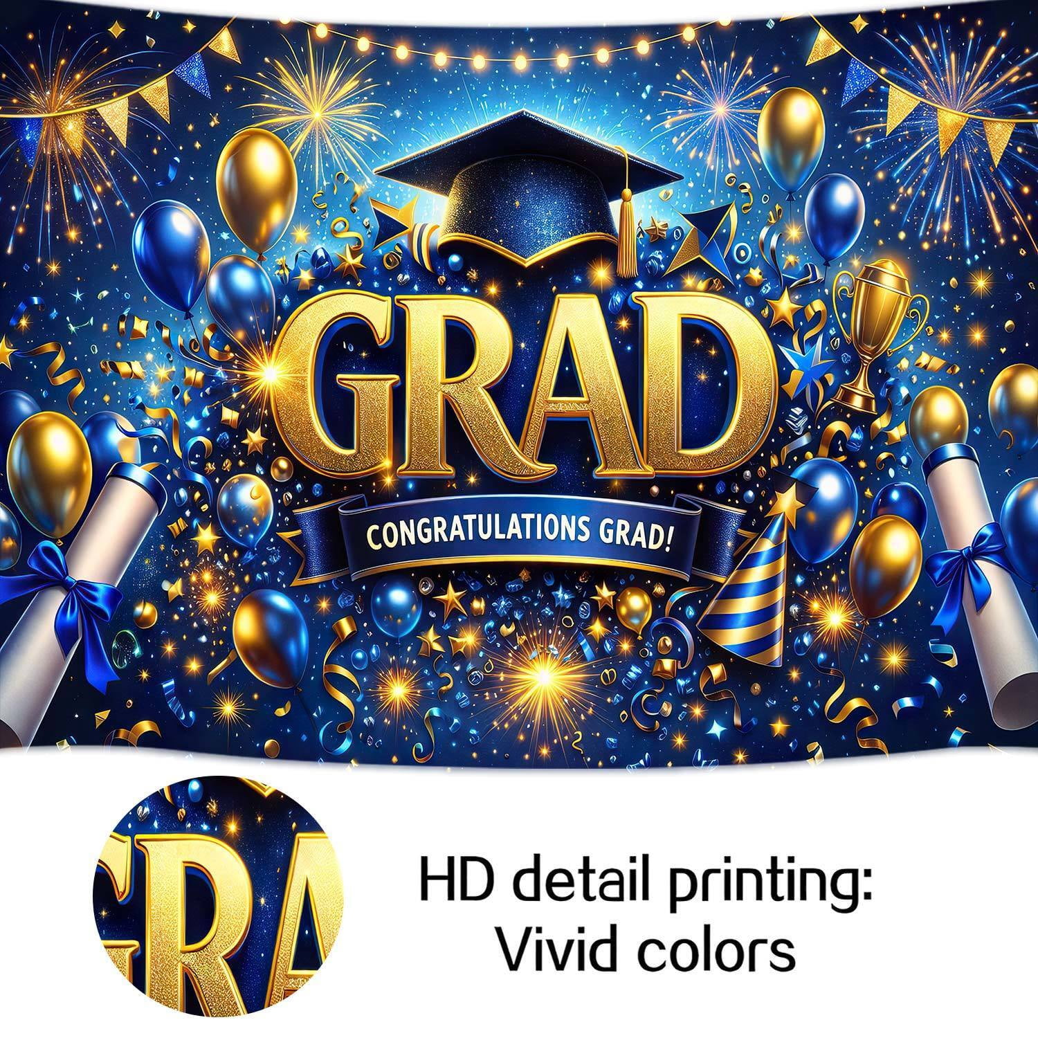 7x5ft Blue and Gold Graduation Photography Backdrop, Congratulations Grad Photo Booth Background with Cap Diploma Balloons, 2026 Grad Party Decorations Supplies