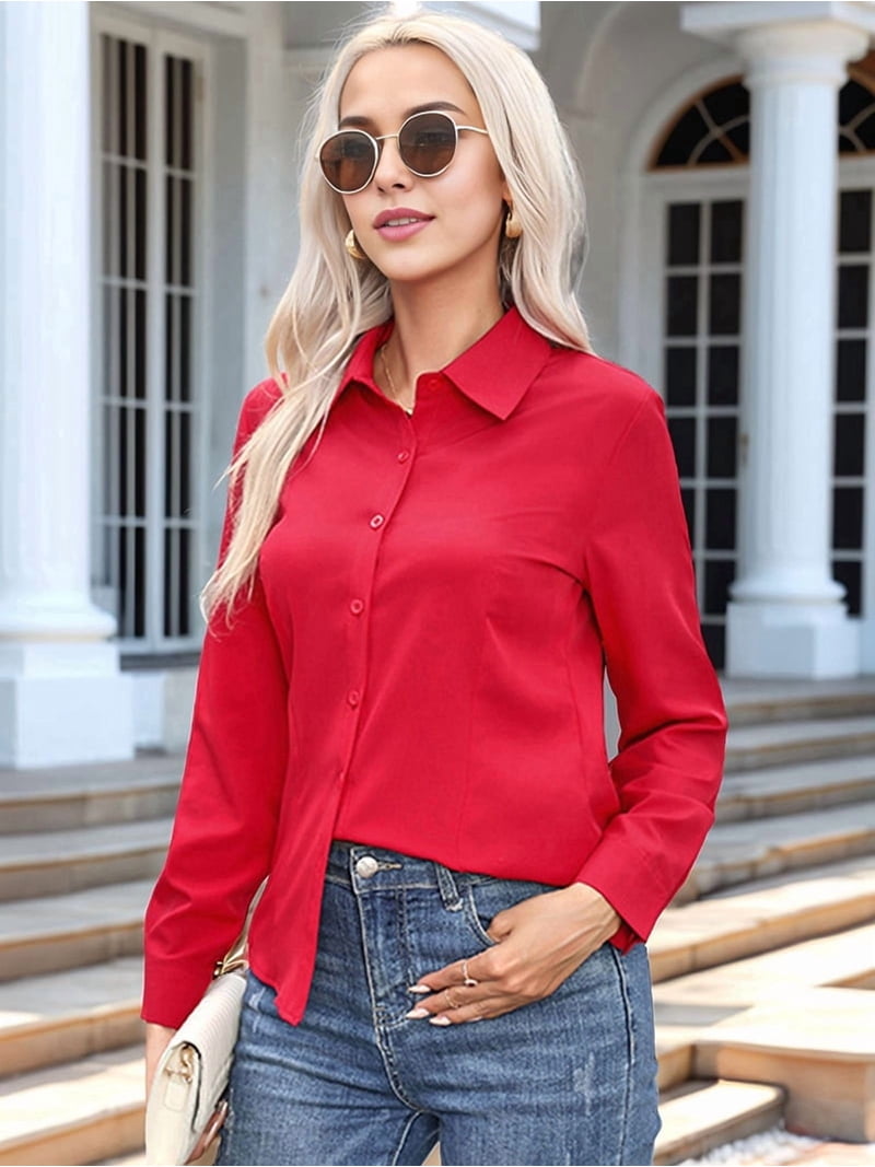 Super Soft Wrinkle Free Button Down Shirts for Women Solid Long Sleeve  Striped Formal Work Dress Blouses Tops Blue XL