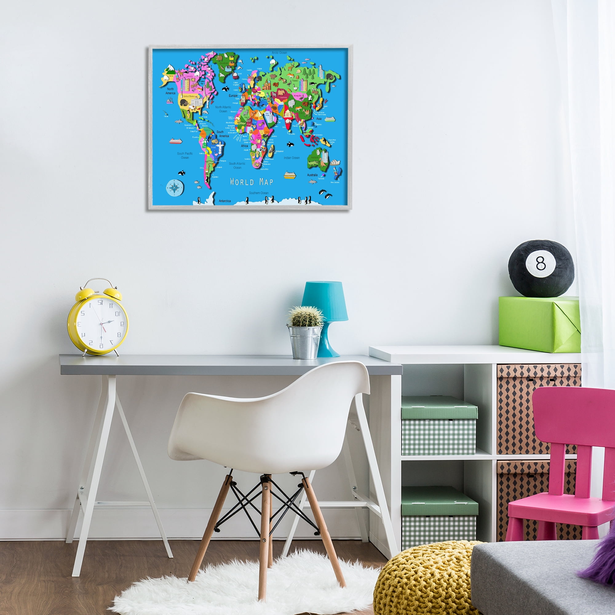 Stupell Industries Educational World Map Travel & Places Painting Gray Framed Art Print Wall Art, 30 x 24