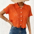 thumbnail image 6 of jtjvou Women's Cropped Blouses Heart Graphic Hollow Out Crop Tops Blouse Short Sleeve Button Down Lapel Shirts Cardigan Orange L, 6 of 7