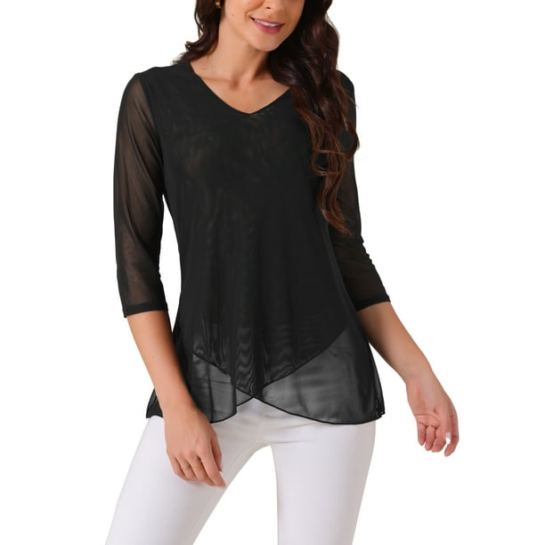 INSPIRAR CHIC Blusa de Mujer con Cuello en V, Manga 3/4, Dobladillo Asimétrico, Ligera y Casual, Color Negro