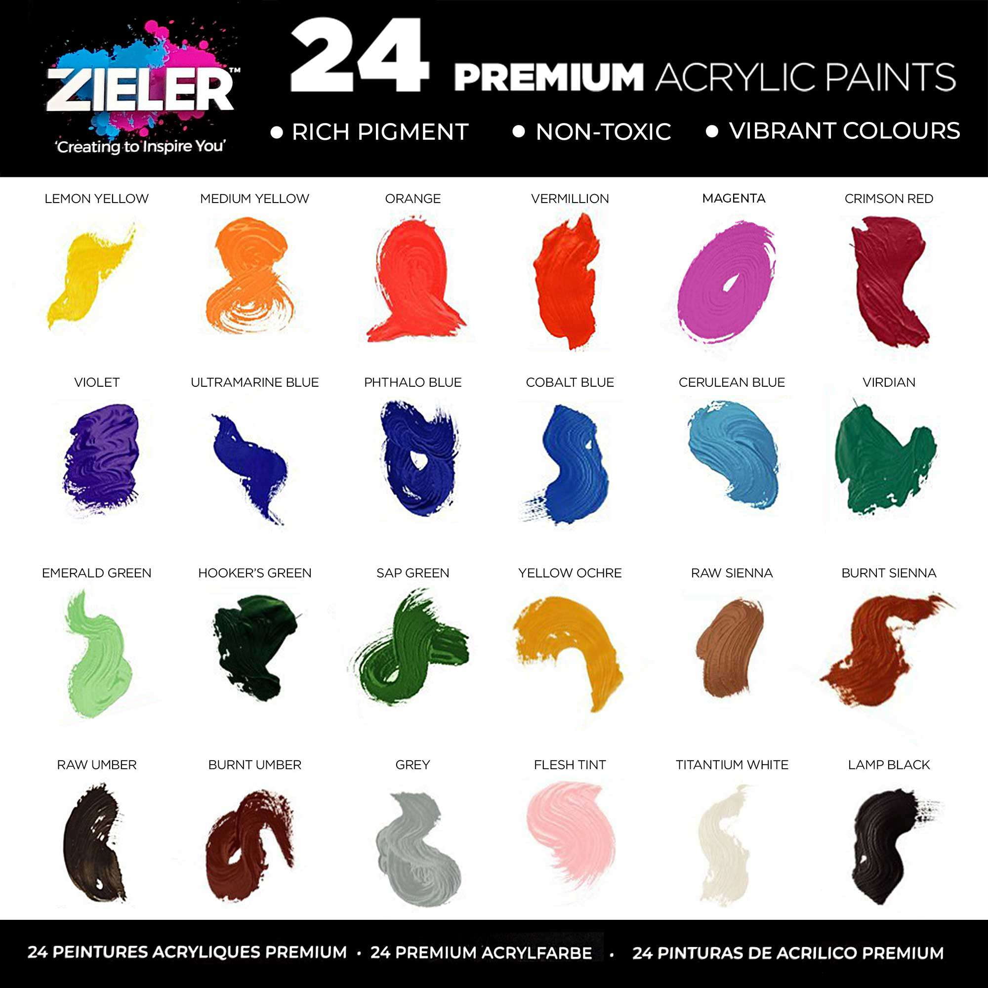 Zieler® Premium Acrylic Paints Set, 24 High Pigment & Vibrant Colors