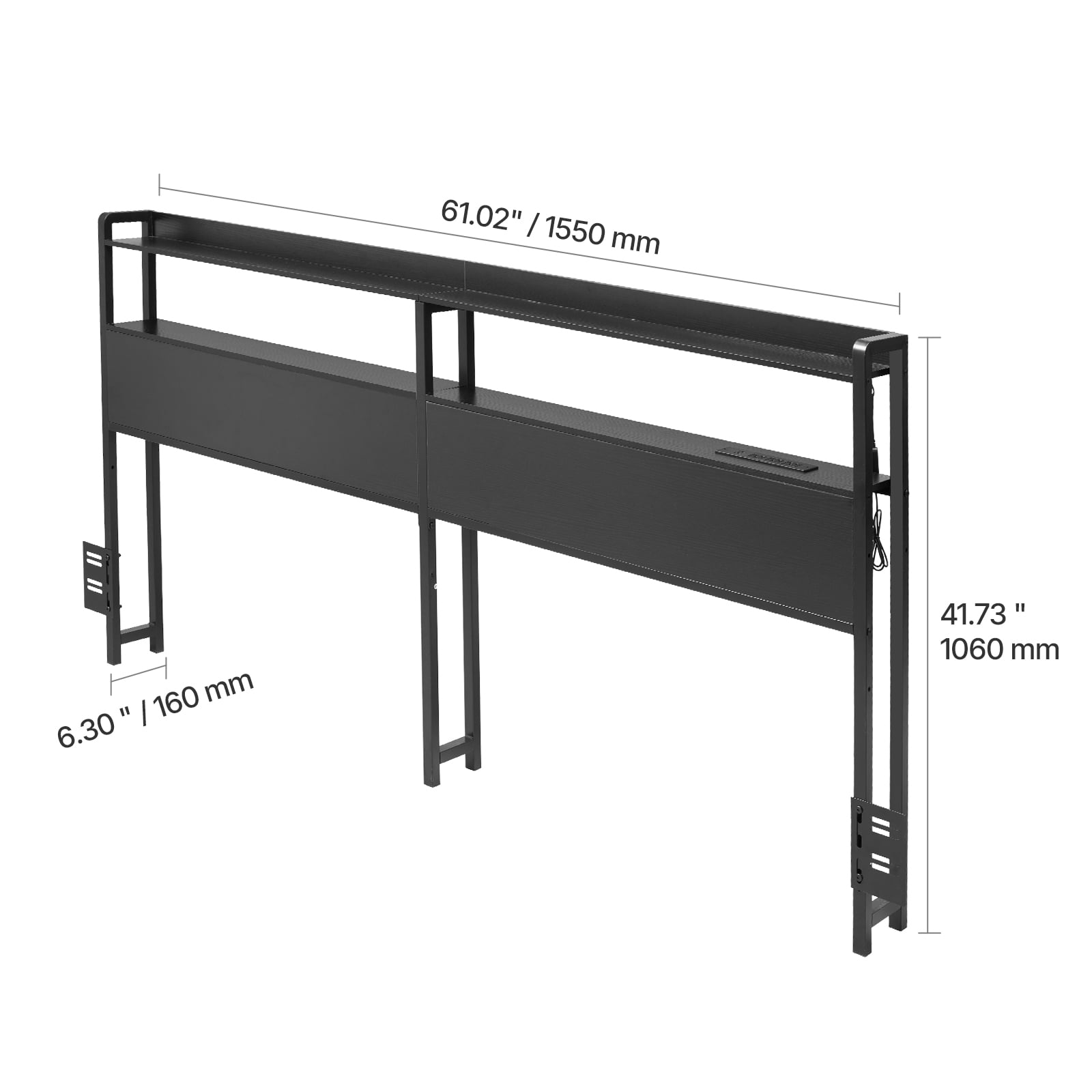 KFFKFF Queen Bed Headboard, Height-Adjustable with Dual Shelf Storage, Independent Head Board Incorporating Charging Facility and LED Illumination for Various Bed Structures, Simple Setup, Dark Hue