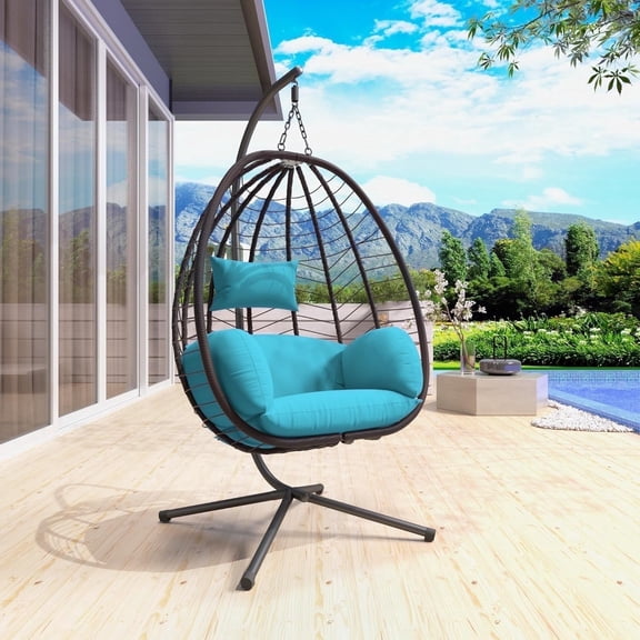 ALAULM Hanging Egg Chair with Stand, Indoor Outdoor Wicker Rattan Egg Swing Chair with Cushion Headrest, Hammock Chair 350lbs Capacity for Bedroom Patio Porch Garden Balcony(Blue)
