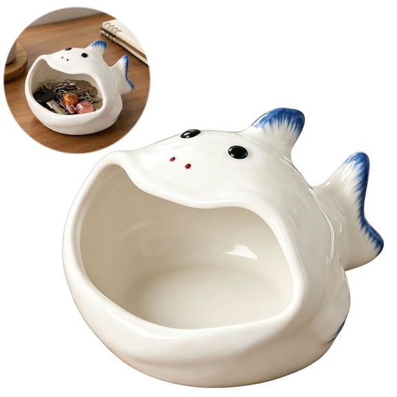 Ceramic Whale Candy Bowl, White Open-Mouth Storage Dish for Wrapped Candy, Sugar Packets, Tea Bags, Snacks & Small Items, Coastal Kitchen Counter, Coffee Bar & Tabletop Decor, Coastal Home Accent