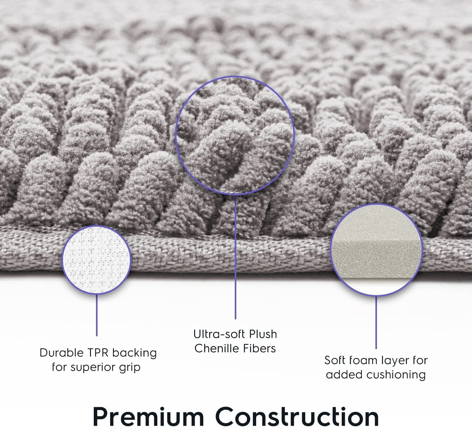 Bathroom Rugs, Extra-Thick Memory Foam Bath Mat, Ultra-Soft Chenille Microfiber, Highly Absorbent, Machine Washable, Shaggy Bath Mats for Bathroom, Non-Slip (21x32 + 20x22, 2pcs) Lt Grey