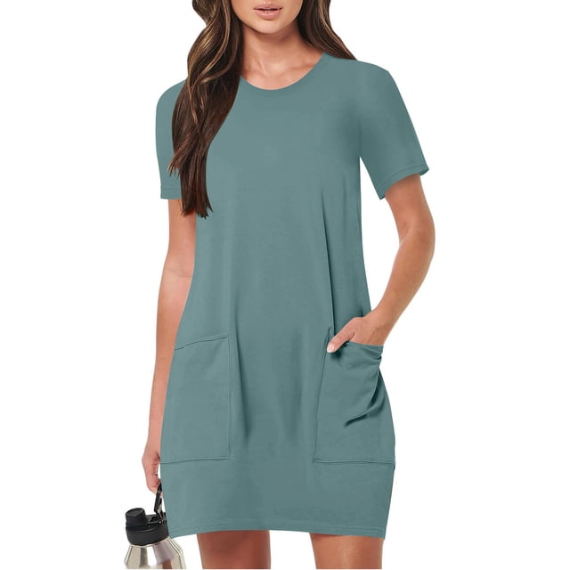 Robes Femmes DYTTDG Robe pour Femme Col Rond Manches Courtes Ample Décontractée Mini-Robe avec Poches Économies jusqu'à 30 % de Rabais Bleu,2TG