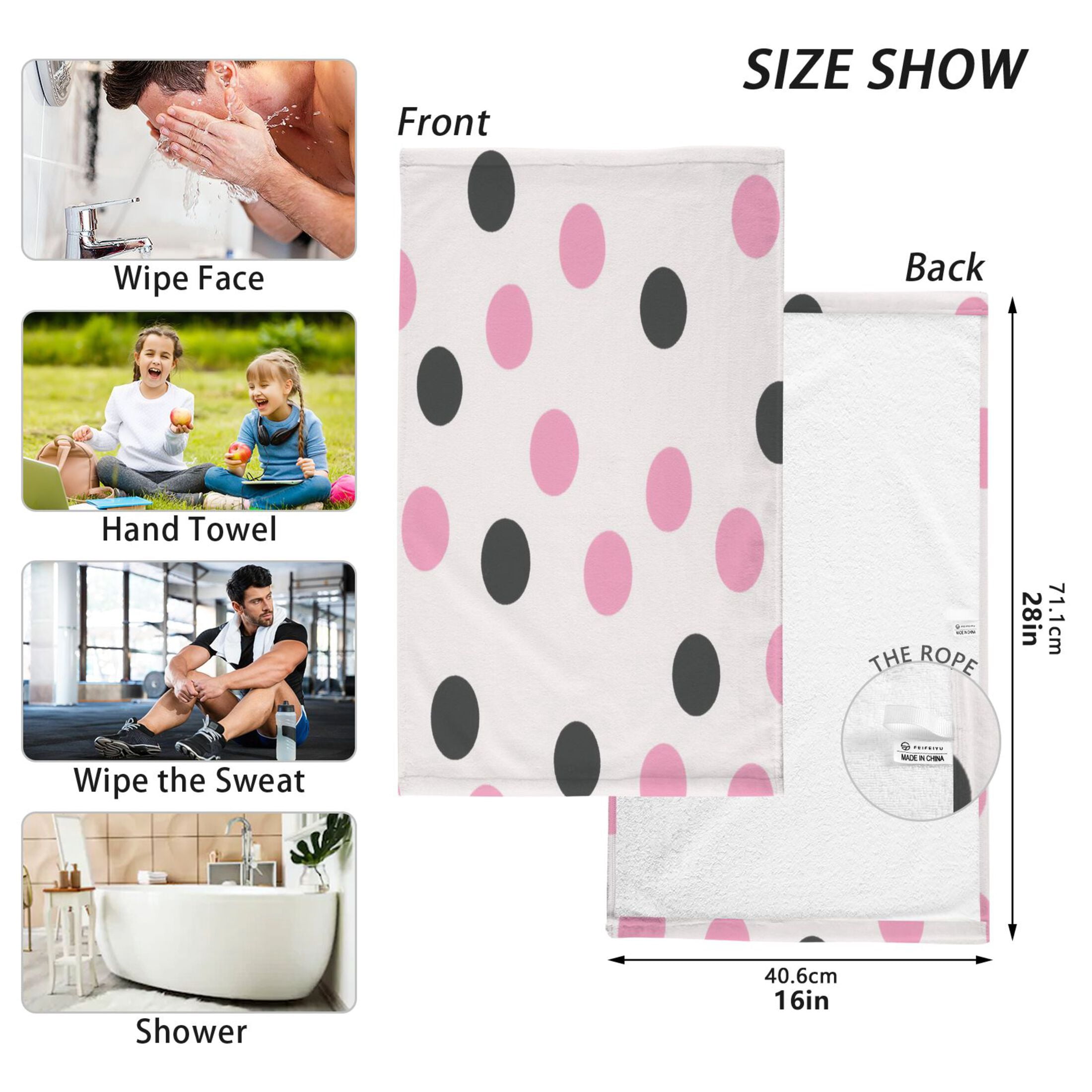 2 Pcs Absorbent Face Towel Bath Hand Towels Soft Breathable Cotton Towel Set for Bathroom Kitchen Hotel Spa Decor Pink and Black Dots