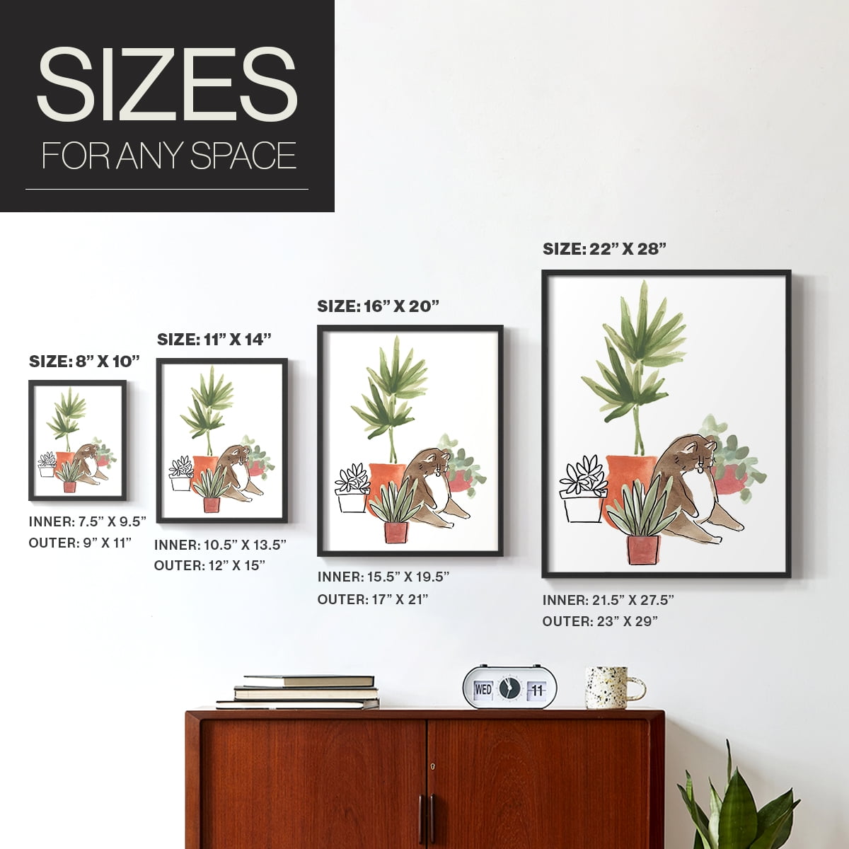 Purrfect Plants II Framed Print in Black Solid Wood Framed Print No Nail Hanging