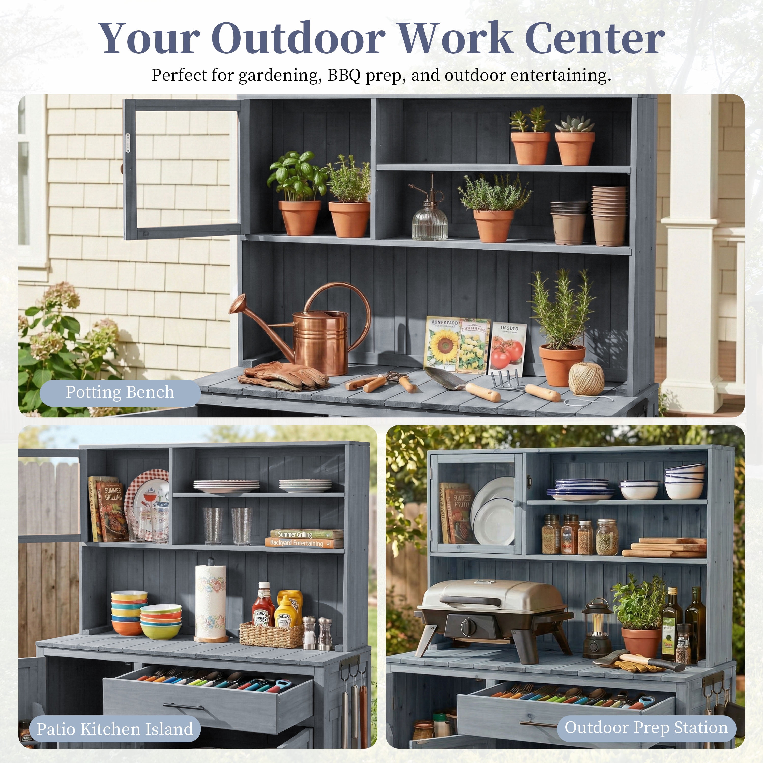 Potting Bench With Hutch, 65 Inch H Solid Fir Wood Outdoor Garden Workstation, Gray