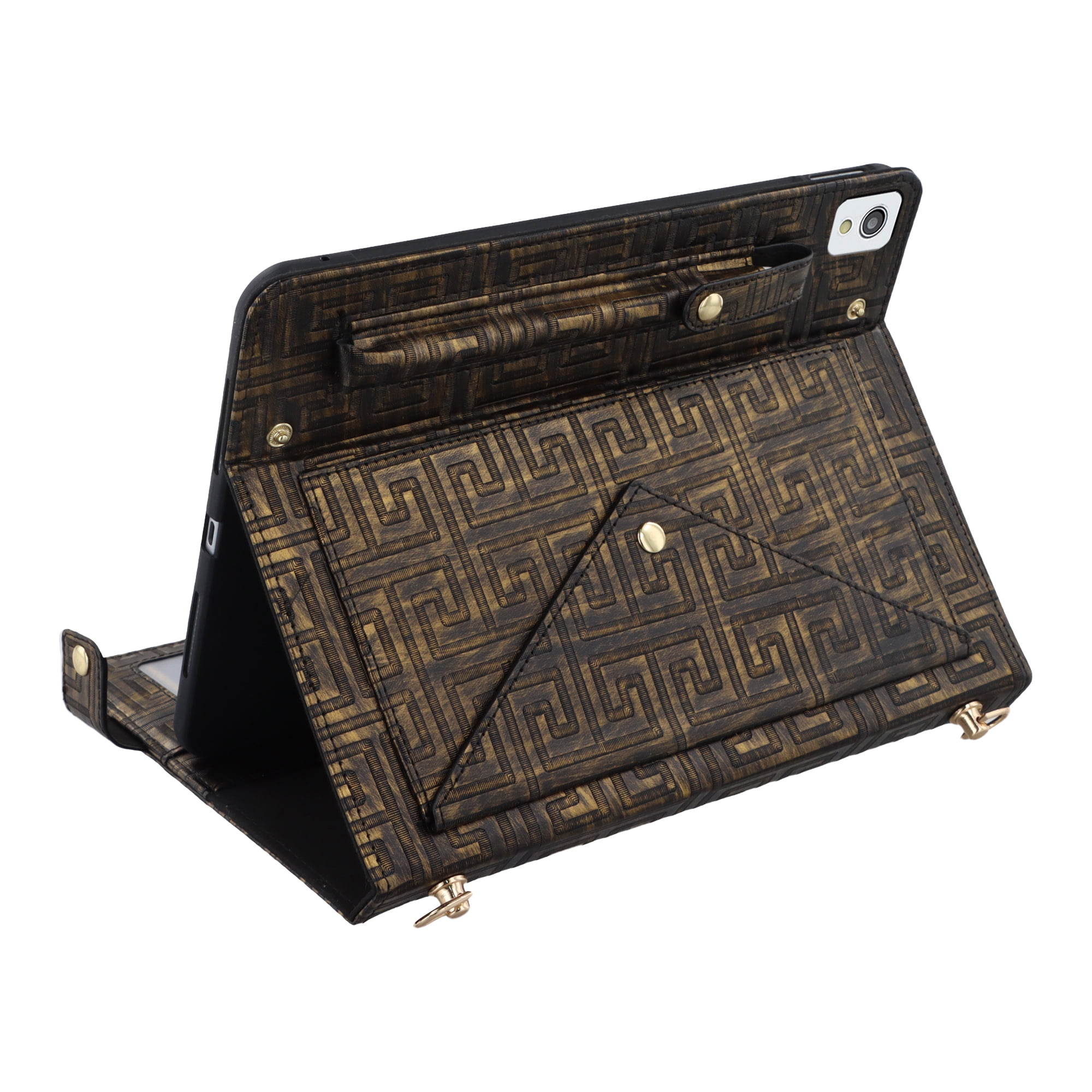 Dteck Handbag Case for iPad Air 11 inch 2024,Magnetic Leather Elegant Crossbody Folio Stand Wallet Case with Pencil Holder, Card Slots, Hand Strap, Shoulder Strap ,Black/Gold