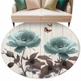 thumbnail image 2 of Teal Blue Floral Round Rugs 5ft, Vintage Rustic Botanical Beige Wooden Non Slip Washable Rug Runner, Low Pile Indoor Floor Carpet Mat Bathroom Rugs for Living Room, Bedroom, Kids Room, 2 of 9