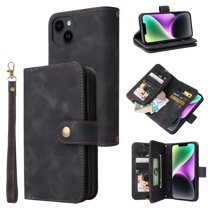 Dteck for Apple iPhone 14 Plus 6.7 inch Wallet Case for Women Men, Sturdy PU Leather Case Magnetic Flip Zipper 7 Cards Holder Wristlet & Shoulder Strap Kickstand Phone Case, Black