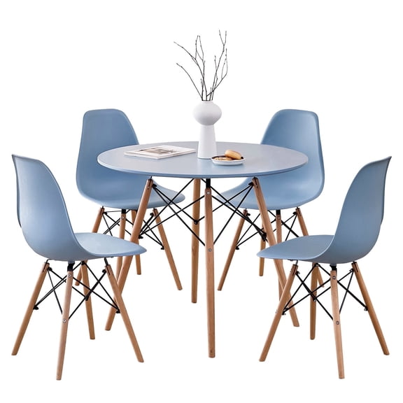 5 Piece 35.5'' Round Dining Table Set for 4, Kitchen Table & Chairs Set of 4, Mid-Century Modern Table W/ 4 Chairs for Home, Living Room, Apartment, Wood Legs, Metal Frame, Blue