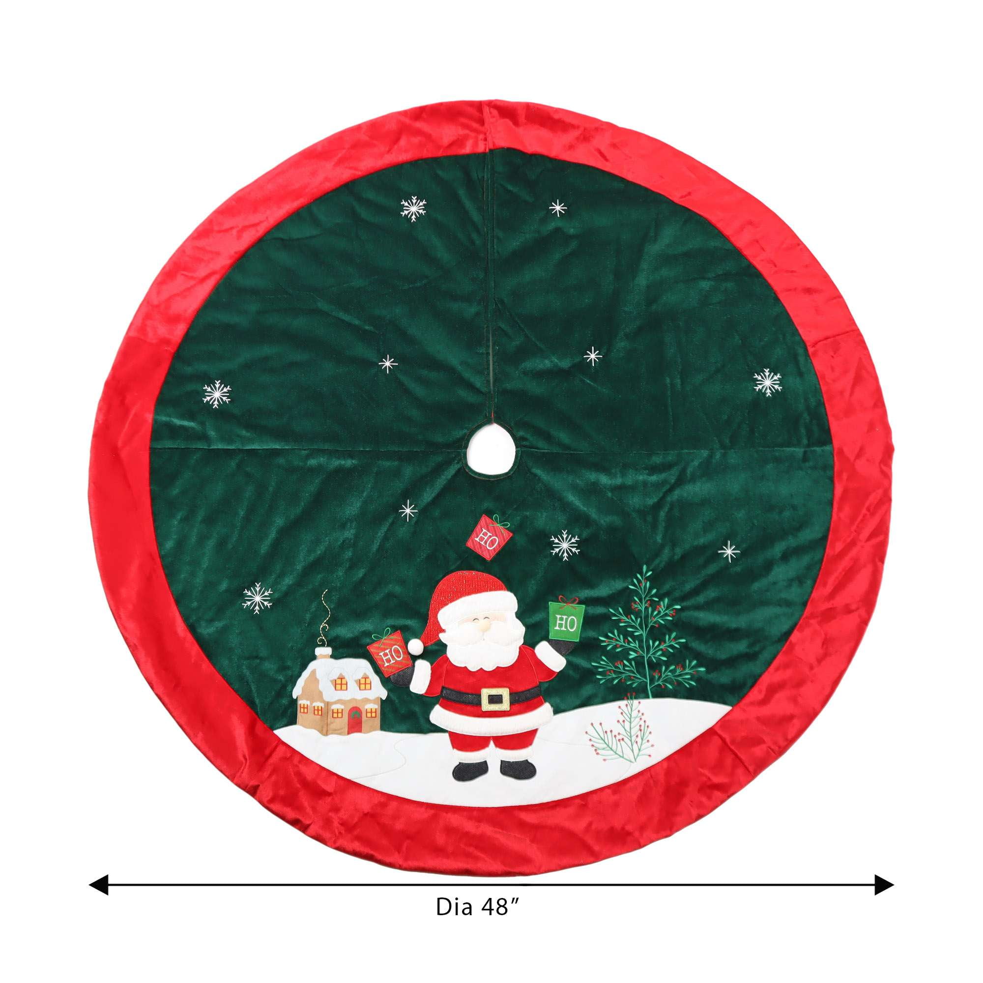 Jupe d'arbre de Père Noël en velours, 48 pouces, multi couleur Jupe d'arbre de Noël,matériau de velours,couleur vert foncé de base,couleur rouge de garniture,le Père Noël se tient sur le sol enneigé,tenant des sacs cadeaux verts et rouges avec "HO" brodé sur lui.Il y a des fleurs sur le sol enneigé,une maison au dos du Père Noël.