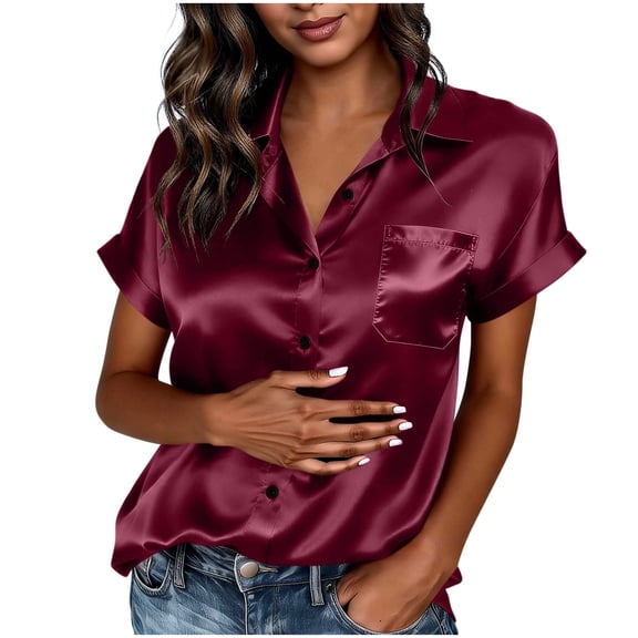RYRJJ Womens Satin Blouse Summer Trendy Short Sleeve Silk Button Down Shirts Business Casual Work Tops with Pockets(Wine,XL)