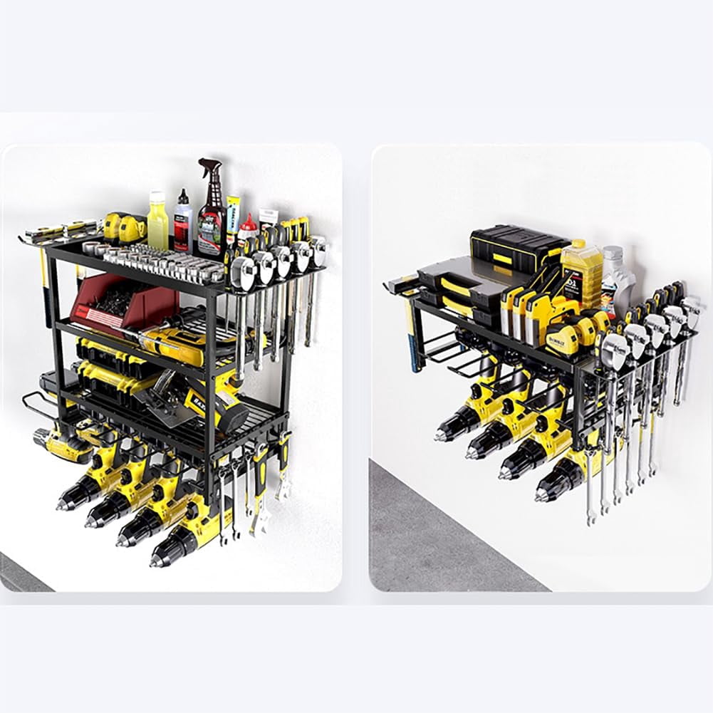 Power Tool Organizer 4 Layer Drill Holders Wall Mount Heavy Duty Metal Organizers and Storage Rack for Garage Organization Tools Shelves with Screwdriver Plier Hammer Holder