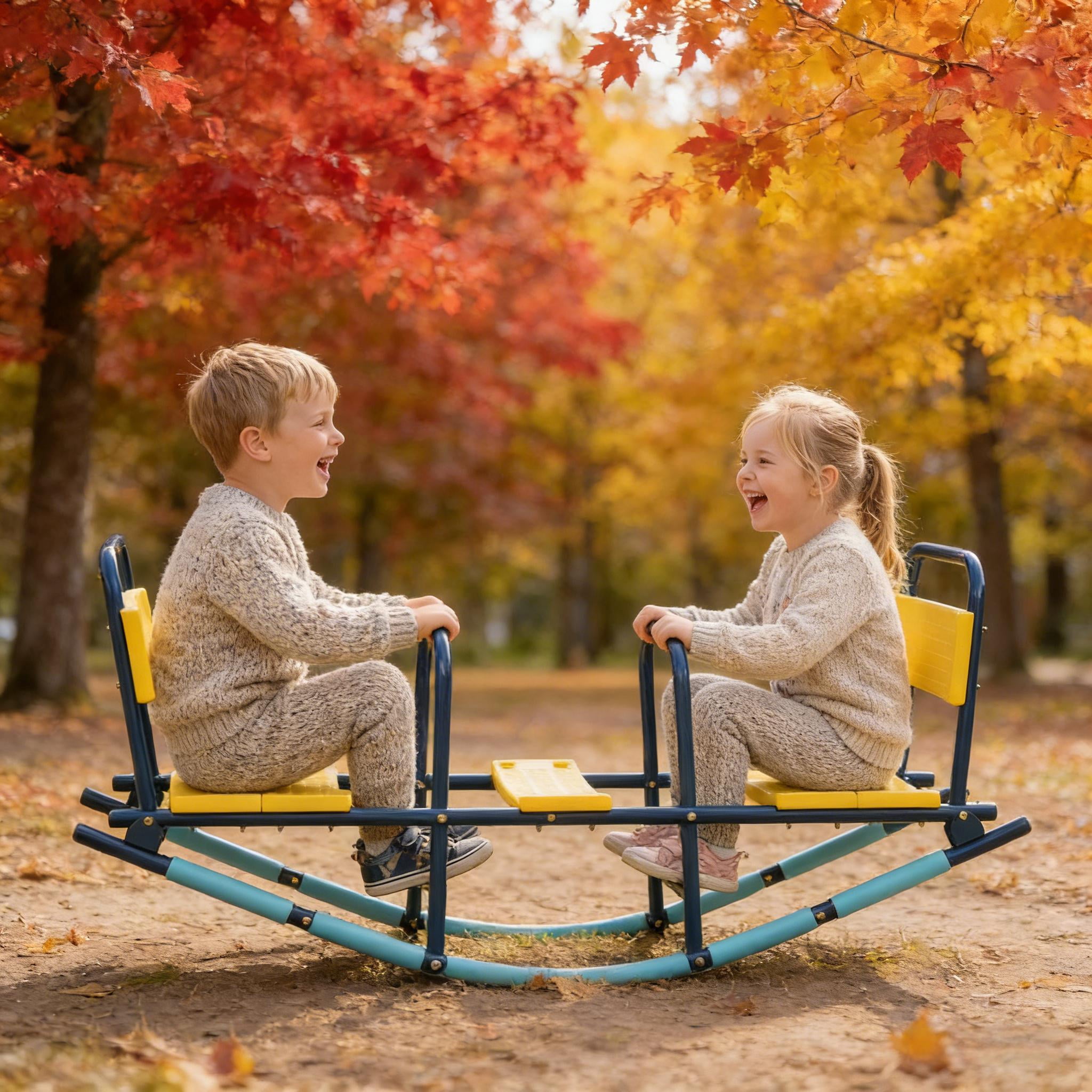 Kids Metal Teeter Totter Seesaw, 2-in-1 Rocking & Up-Down Play Equipment, Heavy-Duty Steel Frame with Ergonomic Seats, Indoor Outdoor Play Toy for Toddlers Ages 3-8