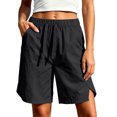thumbnail image 2 of Costeam Womens Solid Drawstring Elastic Waist Knee Length Bermuda Shorts Side Split Hem Dual Side Hand Pockets Lightweight Woven Loose Fit Summer Casual Short Bottoms, 2 of 8