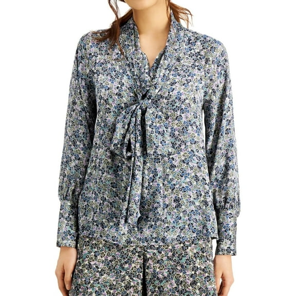 I.N.C Womens Floral Pullover Blouse, Blue, X-Small