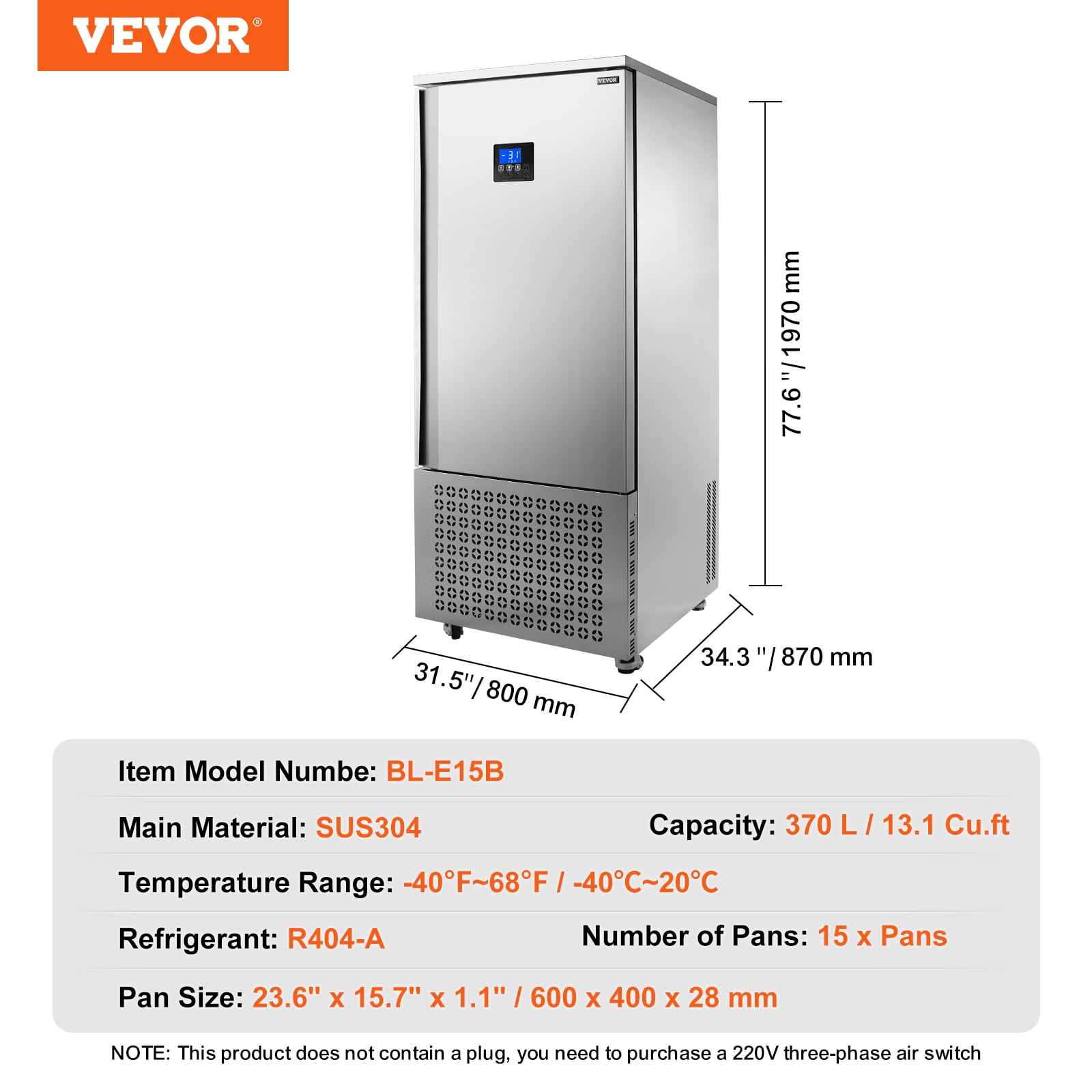 VEVOR Commercial Blast Freezer, 370 L / 13.1 Cu.ft Blast Chiller with 15 Trays, Blast Chiller Freezer Chest with 4 Freezing Modes, Stainless Steel Food Blast Freezer with Casters for Restaurant
