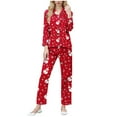 thumbnail image 2 of Conjunto de blusa y pantalón de manga larga con estampado de botones y cuello vuelto para mujer, blusa y pantalón de poliéster para mujer, 2 of 9