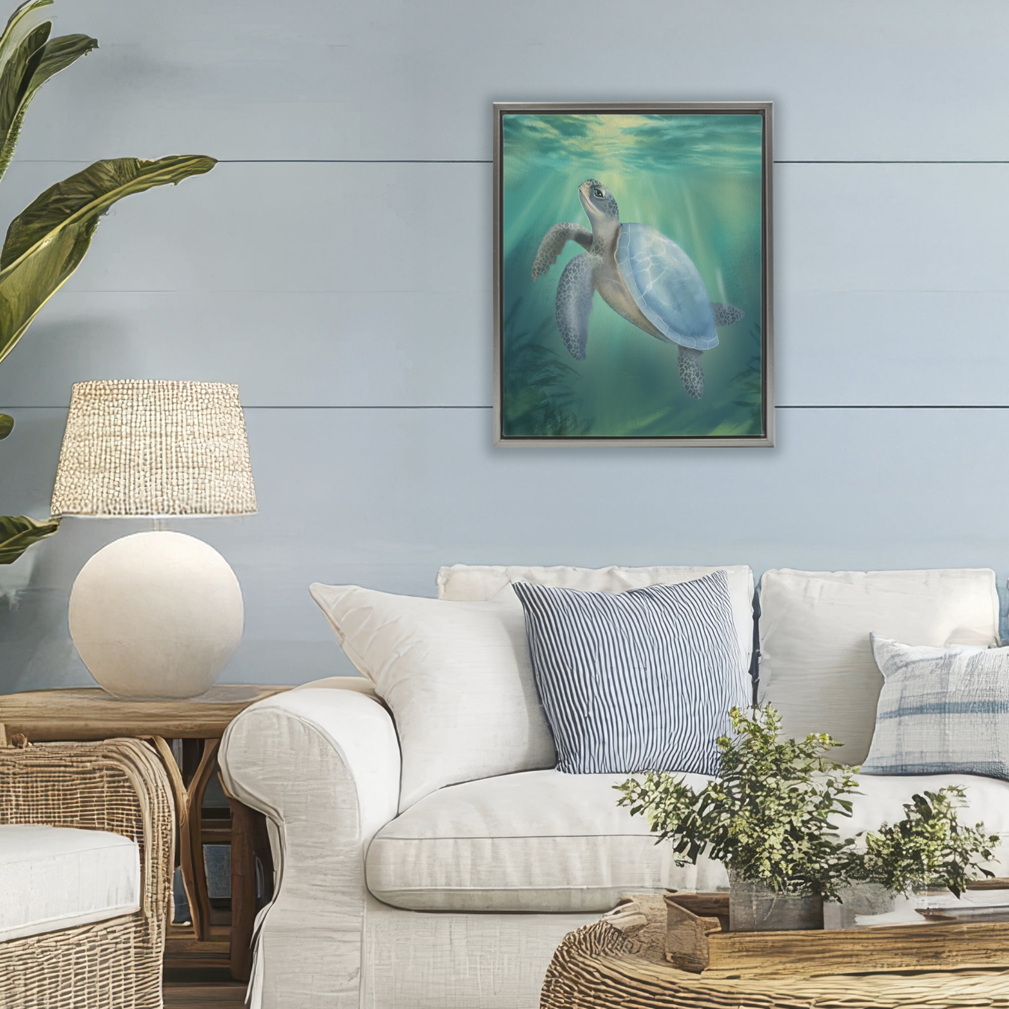 Stupell Industries Coastal Beach Sea Turtle Gray Framed Floater Canvas Wall Art, design by Matthew Piotrowicz