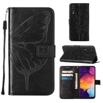 Dteck Folio Case for Samsung Galaxy A50 / A50s / A30S /A505, Embossed Butterfly Magnetic Flip PU Leather Wallet Case Stand Protective Cover with Hand Strap [Built-in card slots/money pocket], Black