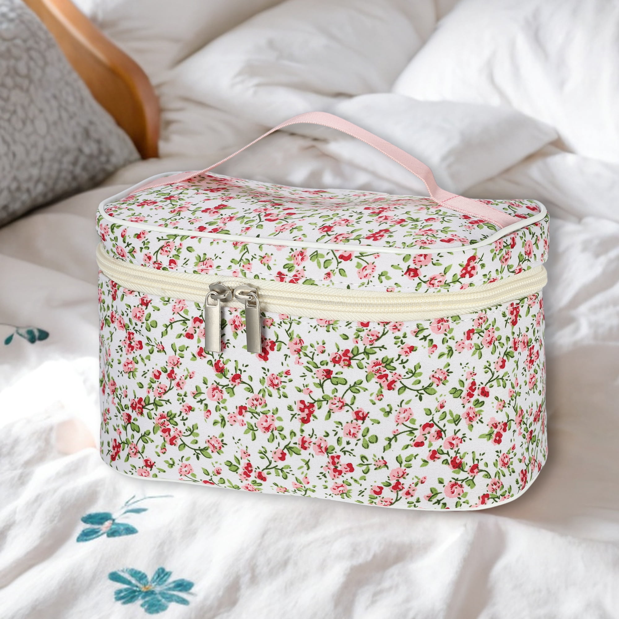 Unique Bargains 1Pc Beautiful Floral Storage Cosmetic Bag for Women's Toiletry Light Pink