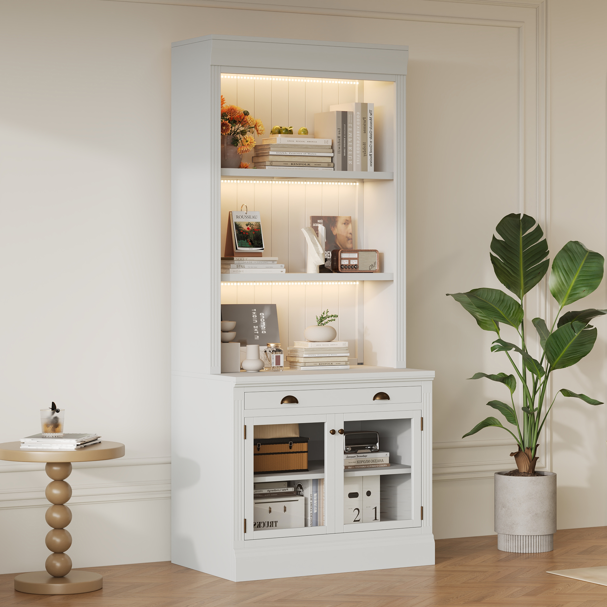 Euroco Bookshelf with LED Lighting Modern Bookcase with 2 Glass Doors and 1 Drawer Storage Bookcase, MDF, 83.4 Inch, White