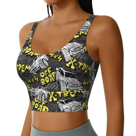 JUNZAN White Retro Off-Road Vehicle Print Women s Workout Tank Tops - U Back Fitness Top with Built-In Shelf Bra  Perfect for Yoga and Gym-Medium