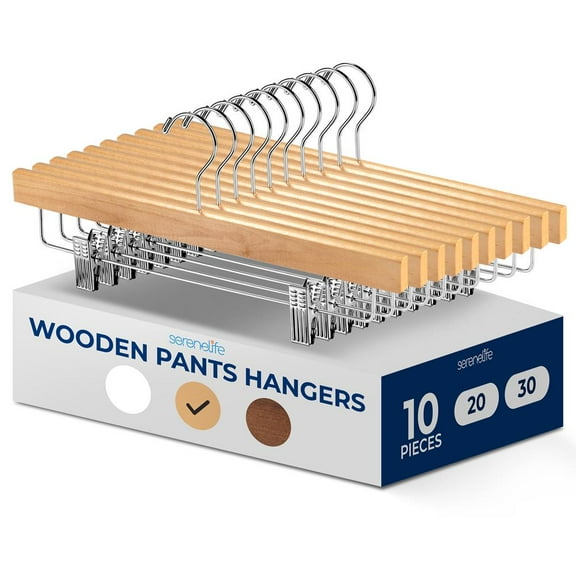 10 Pcs. Premium Wooden Pants Hangers - Heavy Duty Hanger Set with Chrome 360° Swivel Hook and Adjustable Steel Clips, Ideal for Jeans, Slacks, Skirts, and Shorts (Natural)