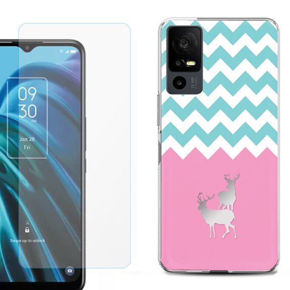 OneToughShield ® for TCL 40 XE 5G Shockproof Fashion Phone Case, with Tempered Glass Screen Protector - Chevron/Teal/Deer