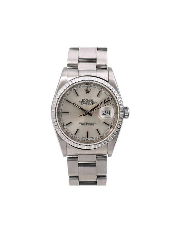Pre-Owned Rolex Datejust 36MM 16220 Silver Dial Engine Turned Bezel Stainless Steel Oyster Bracelet