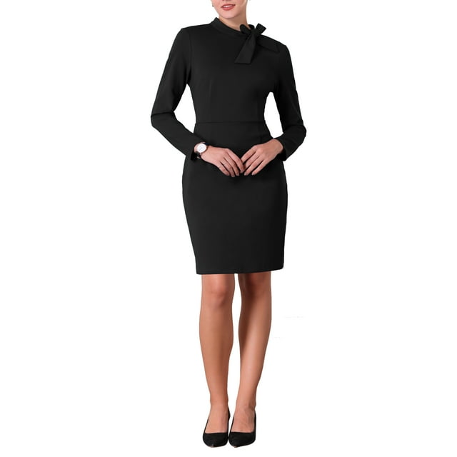 Vestido de trabajo de mujer con cuello de lazo de manga larga hasta la rodilla L negro