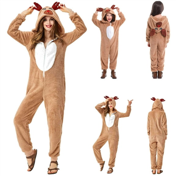 BiZtdJrK Matching Christmas Pajamas for Family Women Fleece Reindeer Hooded Jumpsuits Adult Long Sleeve Zipper Sleepwear, Khaki, L
