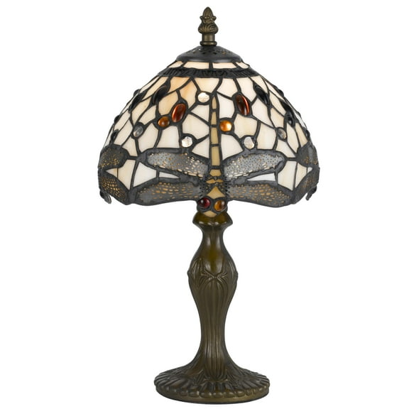 Metal Body Tiffany Table Lamp with Dragonfly Design Shade, Multicolor- Saltoro Sherpi