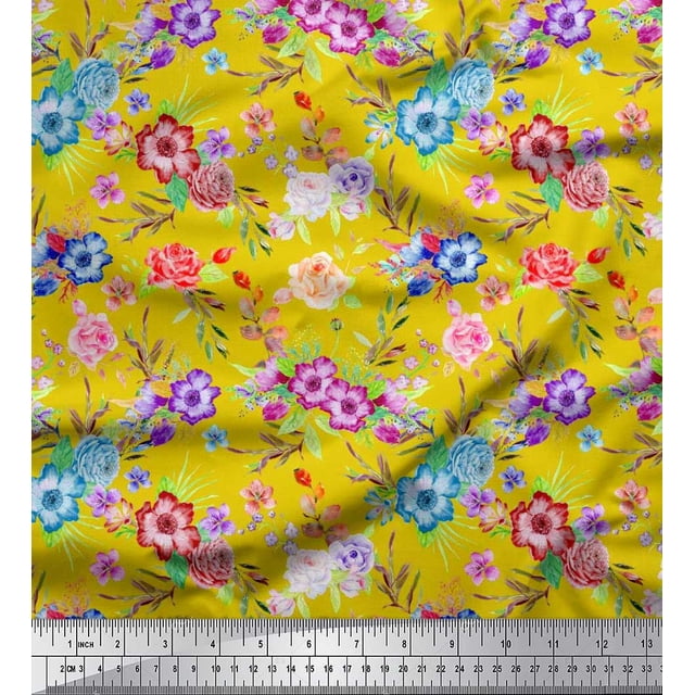 Soimoi Tissu Poly Georgette Feuilles, & Imprimés Floraux Roses au Mètre 52 Pouces de Large