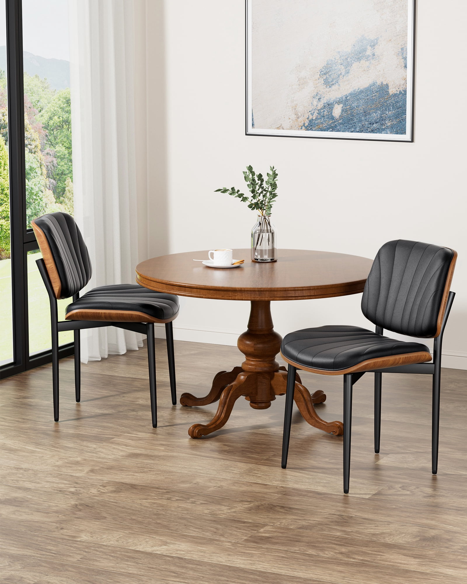 GIKPAL Mid Century Modern Walnut Back PU Faux Leather Dining Chairs, Black (Set of 2)