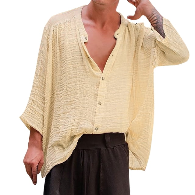 Camisas Para Hombre Slim Fit Camisa de hombre nueva camisa de manga larga de playa suelta relajada larga de algodón sólido (Khaki, 3XL)