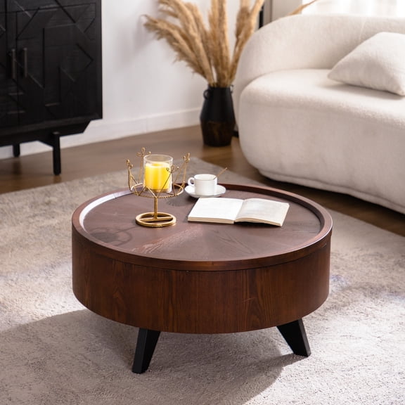 Noble House Felix 30.71" Round Coffee Table with Hidden Storage, Wooden Mid-Century Table with Black Legs, Natural