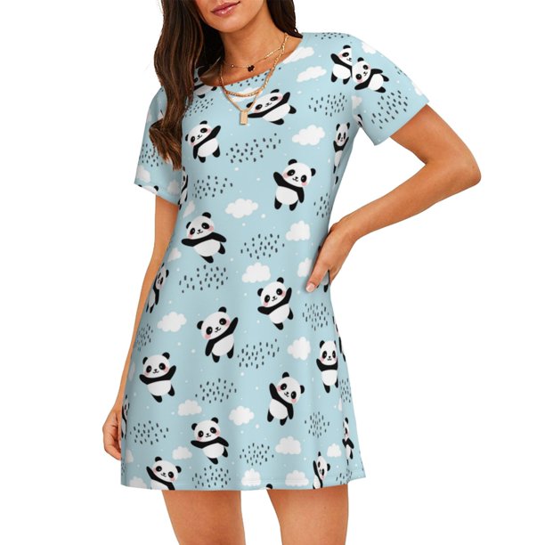 Fotbe Cute Panda Bear Bata de Dormir para Mujer con Estampado, Camisón de Algodón de Manga Corta, Ropa de Dormir Casual