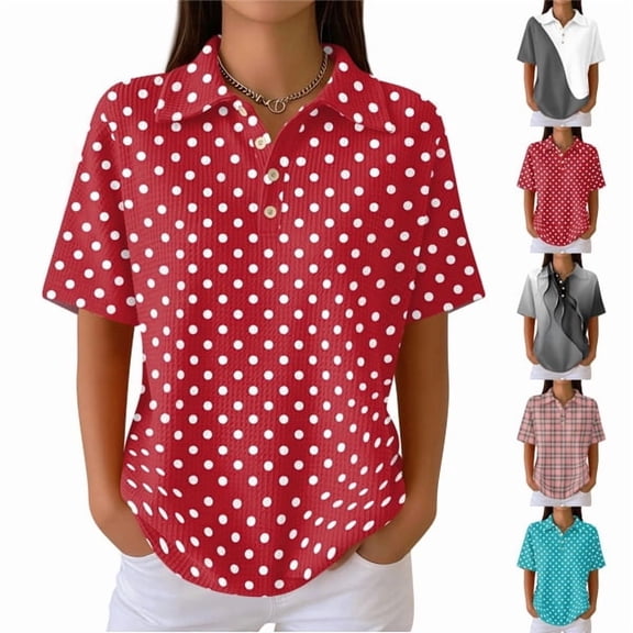 Women's Waffle Golf Polo Shirts Summer 2026 Striped Short Sleeve T-Shirt Casual Tennis Work Athletic Tops Red S