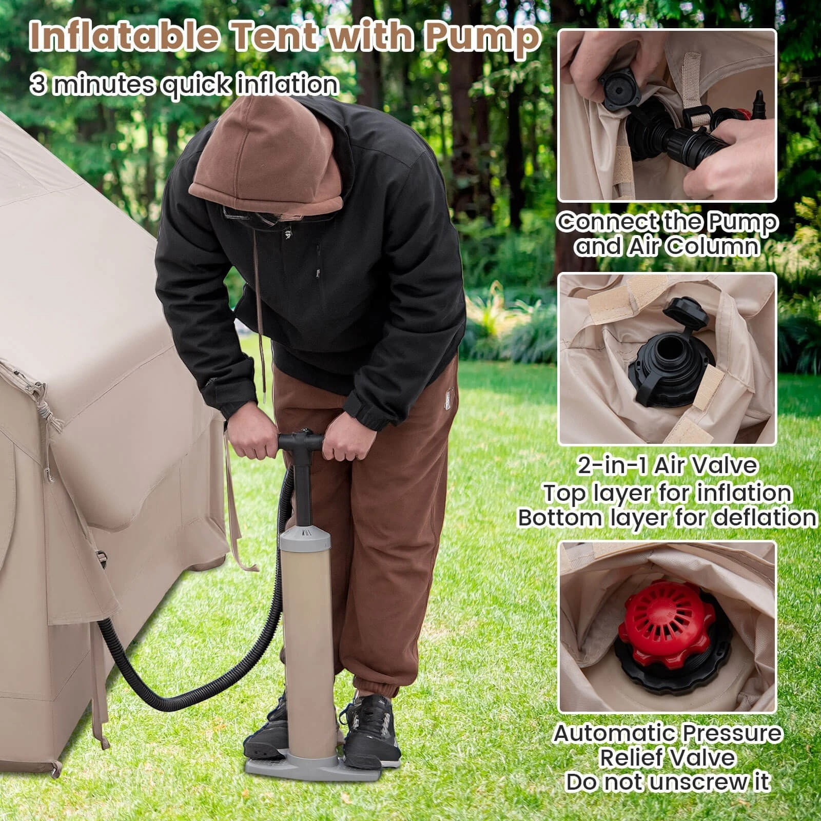 Auranook Inflatable Camping Tent 4-6 People Waterproof Blow-up Air Tent w/ Porch, Pump