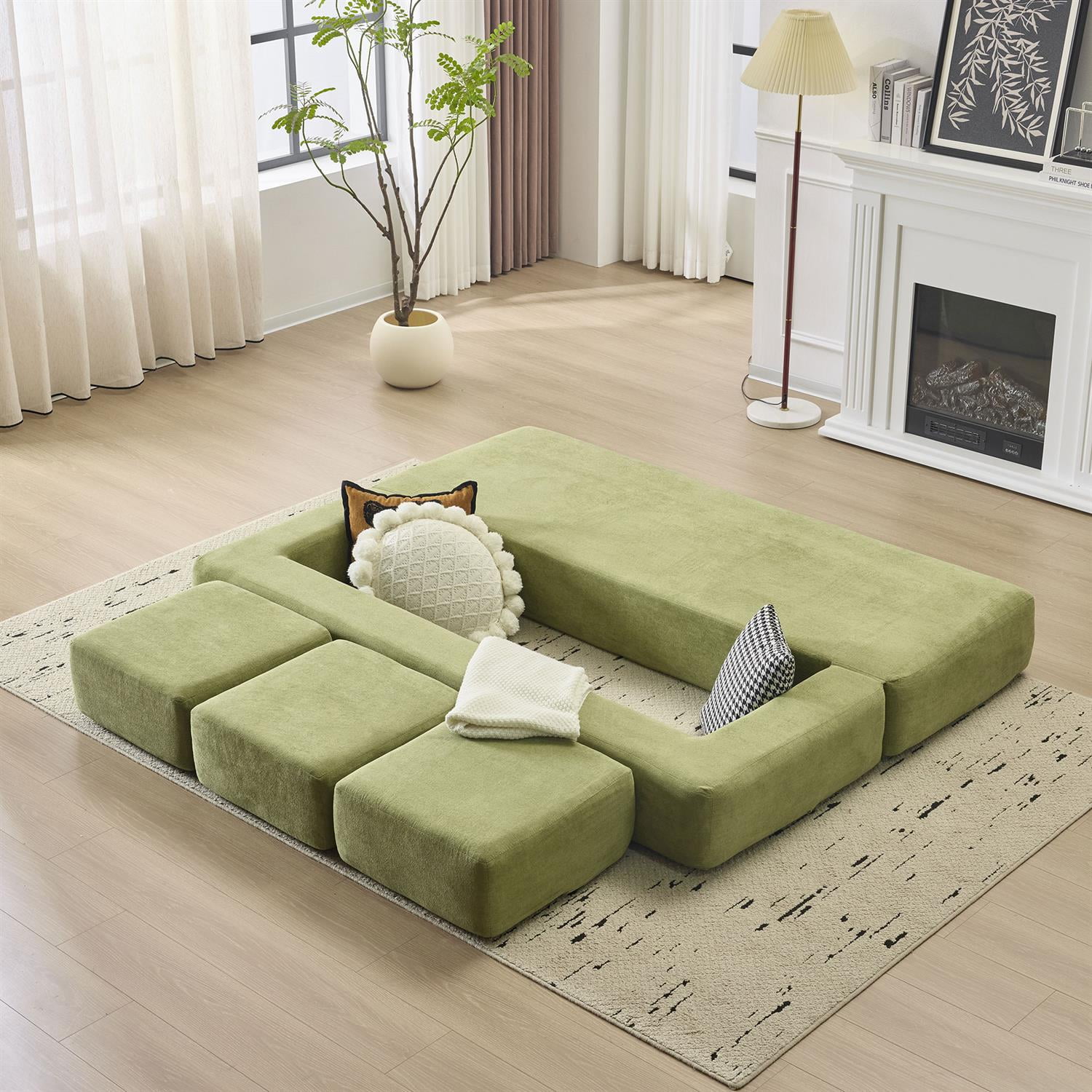 Demi Bonn Convertible Sectional Sofa with 3 Storage Ottomans, Space-Saving Chenille Couch, High-Resilience Foam for Studio Apartments & Home Offices, Green